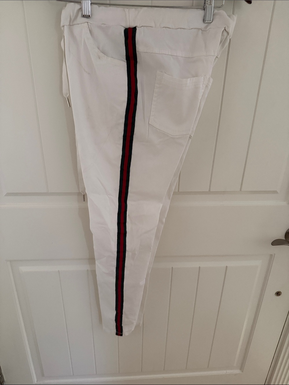 Slim White Jogger Pants with Red and Green Side Stripe